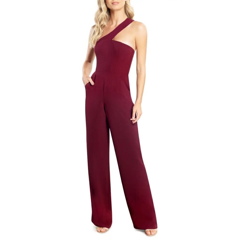 Dress The Population Filippa One-Shoulder Jumpsuit‎ Size-X-Small-Color Burgundy